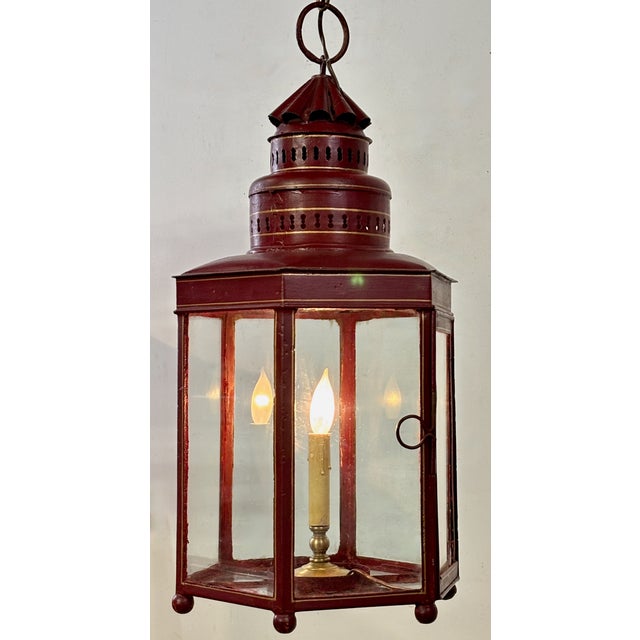 Early 20th Century Large Red Tole Painted Lantern Light Fixture, American 19th Century Circa 1840 For Sale - Image 5 of 5