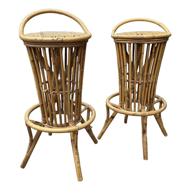 Mid 20th Century Italian Bamboo Rattan Tiki Style Barstools, a Pair, Attributed to Tito Angoli For Sale