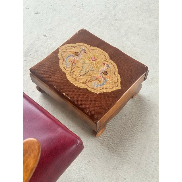 Antique Needlepoint Low Footstool / Ottoman on Wooden Base For Sale - Image 4 of 7