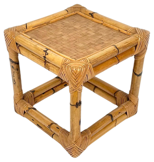 Mid-Century Italian Cube Side Table in Bamboo and Rattan, 1970s