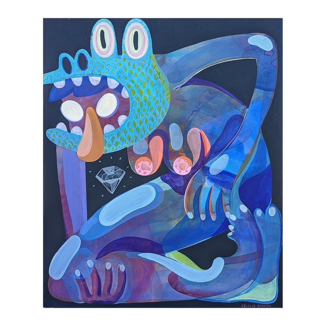 Cecilia Beaven Contemporary Abstract Green, Purple, and Blue Biomorphic Lizard Figure Painting, 21st Century For Sale - Image 4 of 11
