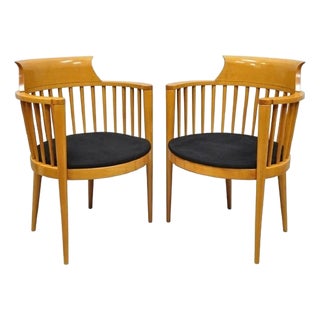 Vintage Postmodern Maple Wood Spindle Barrel Back Lounge Arm Chairs - A Pair For Sale