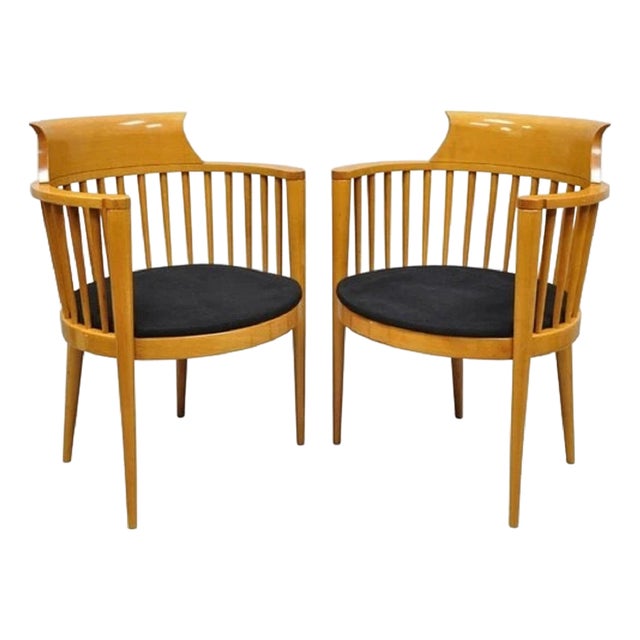 Vintage Postmodern Maple Wood Spindle Barrel Back Lounge Arm Chairs - A Pair For Sale
