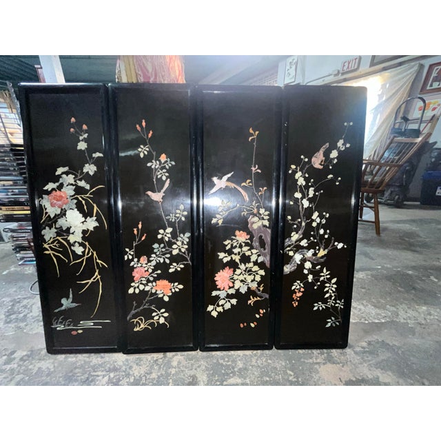Vintage Chinese Black Lacquered Panels Carved Stone Inlay Birds For Sale In Los Angeles - Image 6 of 8