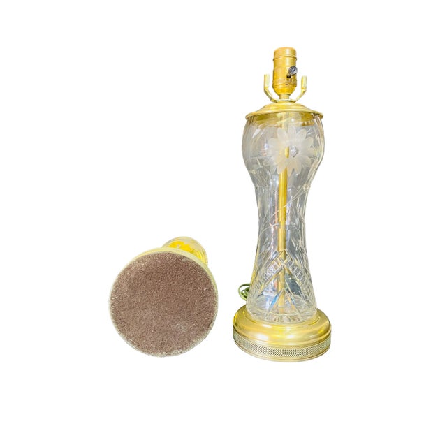 Mid-Century Brass and Crystal Lamps With Etched Flowers a Pair For Sale - Image 10 of 11