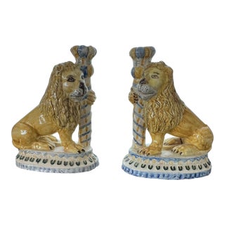 19th Century French Faience Lion Candleholders a Pair For Sale