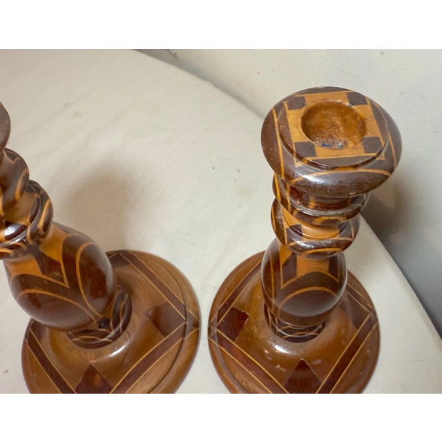 1930s Pair of Antique Hand Turned Wood Marquetry Parquetry Candlesticks Candle Holders For Sale - Image 5 of 13