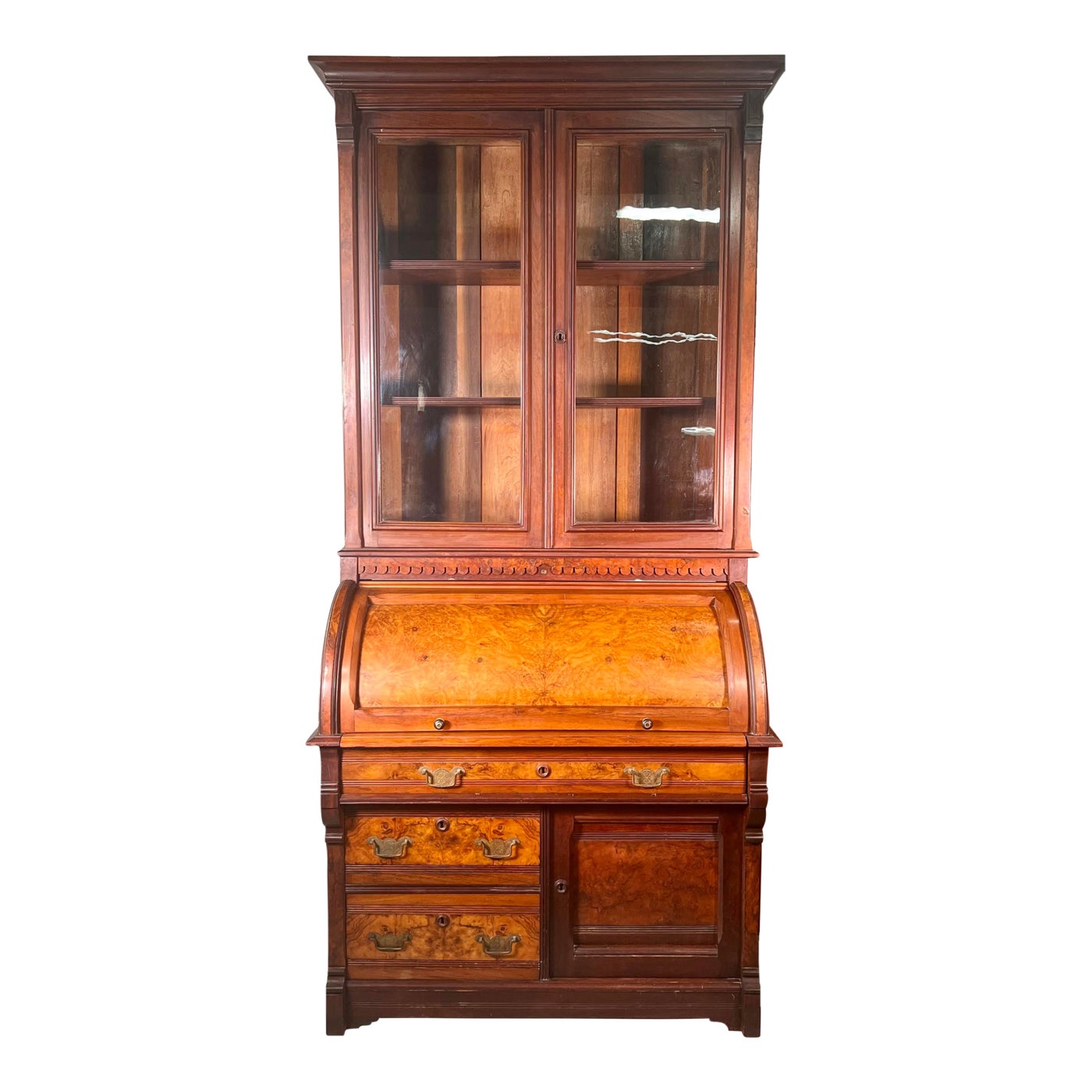 Antique Victorian Cylinder Roll Top Secretary Desk With Bookcase Top