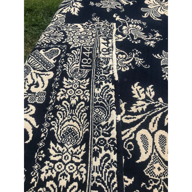 19th Century Antique 1844 Jacquard Hand-Loomed Blue Cream Cotton Wool Textile Coverlet For Sale - Image 5 of 13