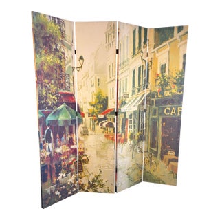 Vintage Double-Sided Parisian Street Scene Canvas 4-Panel Room Divider Screen For Sale