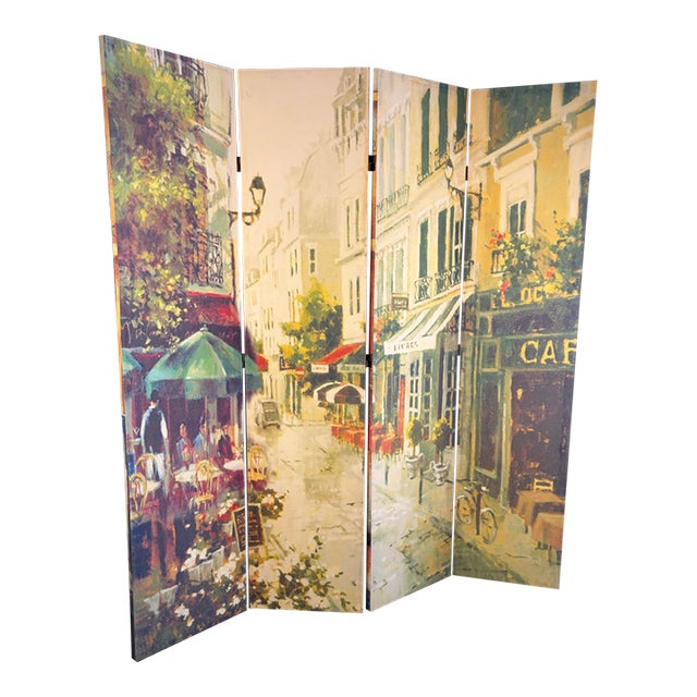 Vintage Double-Sided Parisian Street Scene Canvas 4-Panel Room Divider Screen For Sale