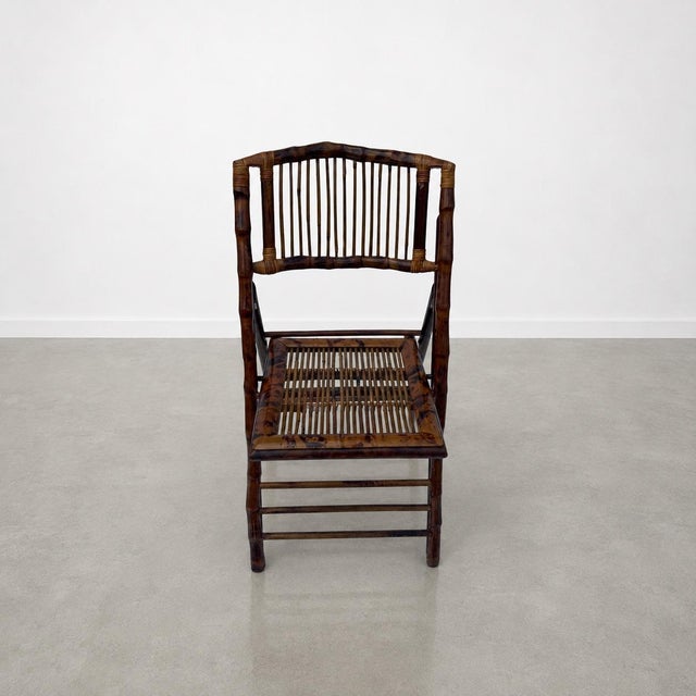 Wood 1980s Rustic Tortoiseshell Bamboo Folding Chairs With Side Tables - Set of 8 For Sale - Image 7 of 12