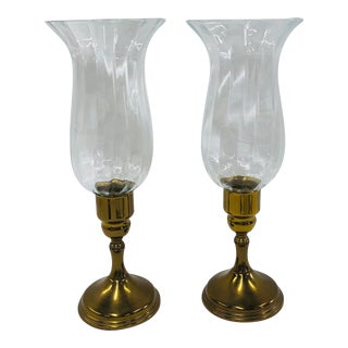 Brass Candle Holders With Wavy Glass Hurricane Globes - a Pair For Sale