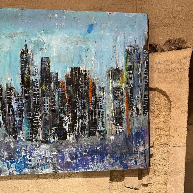 City Landscape Art Abstract Modern Blue Oil Painting on Wood For Sale In San Diego - Image 6 of 8