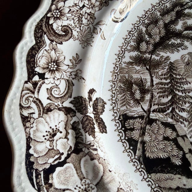 Antique Brown Transferware Staffordshire Plate, "Baker's Falls, Hudson River" For Sale - Image 6 of 14