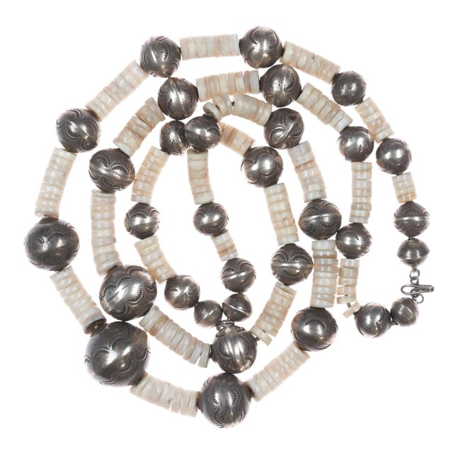 Vintage 32" Silver Navajo pearl heishi necklace or double choker For Sale - Image 4 of 8