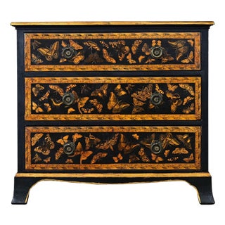 English Painted Pine Chest of Drawers with Moth Decoupage For Sale