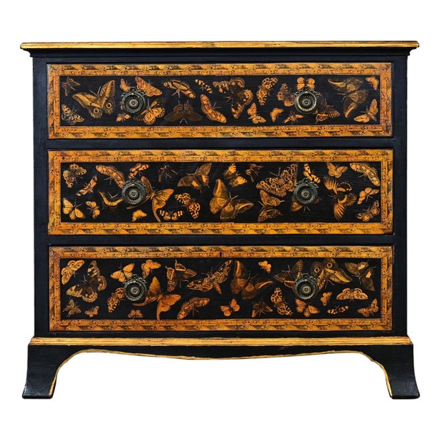 English Painted Pine Chest of Drawers with Moth Decoupage For Sale