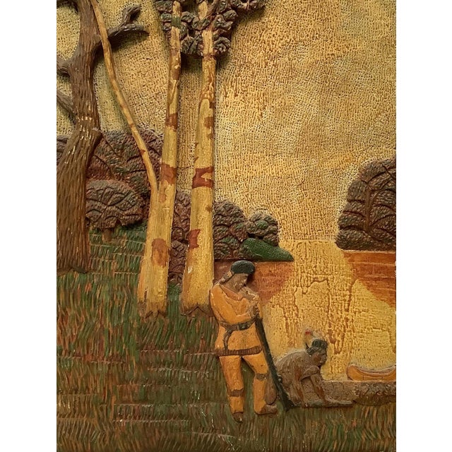 Cabin Antique Carved Wood Plaque With Native American Guide & Trapper For Sale - Image 3 of 6