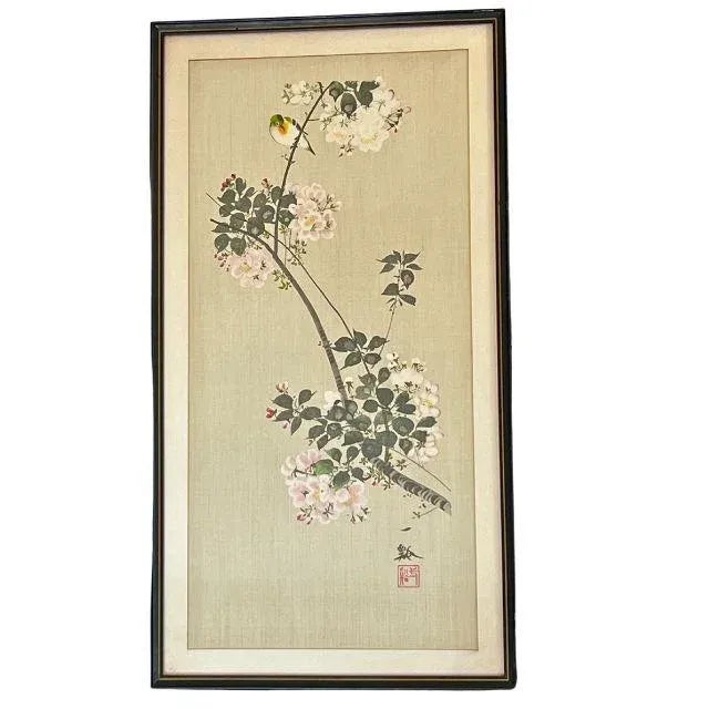 Japanese Mid-Century Japanese Watercolors on Silk, Artist Signed, Framed, Pair For Sale - Image 3 of 12