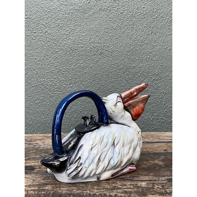 Vintage Coastal Glazed Ceramic Pelican Teapot For Sale - Image 9 of 12
