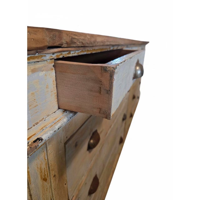 Yellow French Multi-Drawer Shop Counter in Pine With Wood Shelves and Brass Brackets For Sale - Image 8 of 9