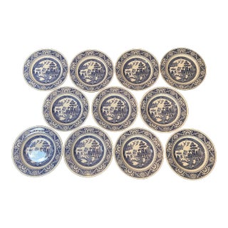 Wedgwood Antique Chinoiserie Blue Willow Shallow Bowls and Plates - A Set of 11 For Sale