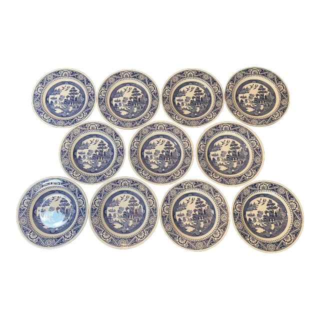 Wedgwood Antique Chinoiserie Blue Willow Shallow Bowls and Plates - A Set of 11 For Sale