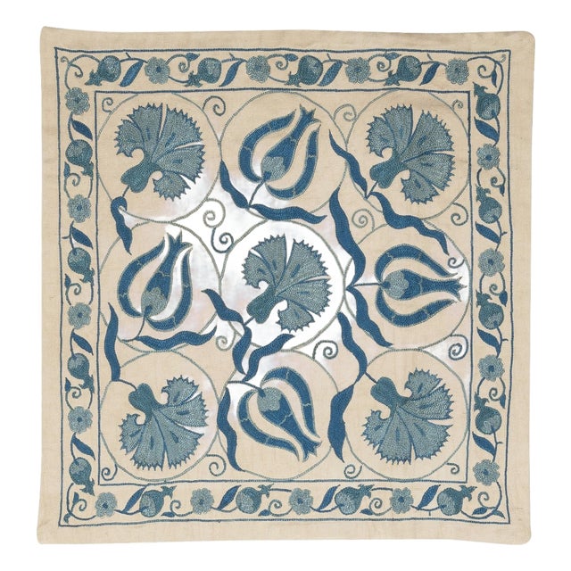 21"x20" 100% Silk Embroidered Pillow Cover. Blue Accent Pillow. Cushion Cover For Sale