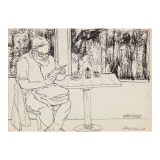 Monochromatic Cafe Scene 1981 Ink For Sale