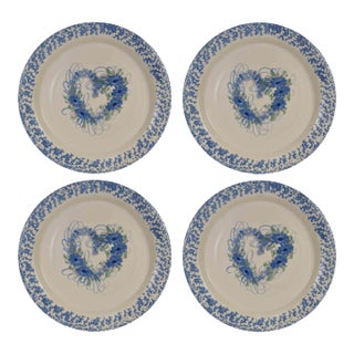 Mid 20th Century Hand Painted East Texas Pottery Spring Heart Dinner Plates - Set of 4 For Sale