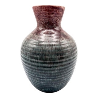 1960s Large Accolay Green & Oxblood Flambe Ceramic Vase, French MCM Studio Pottery For Sale