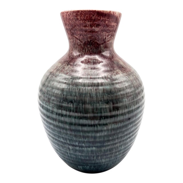 1960s Large Accolay Green & Oxblood Flambe Ceramic Vase, French MCM Studio Pottery For Sale