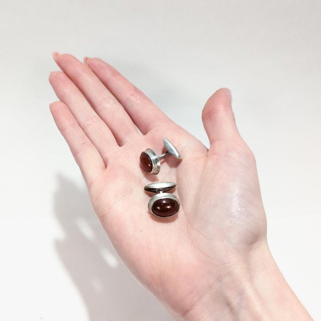 Silver Mid-Century Scandinavian Modern 830 Silver & Carnelian Cabochon Cufflinks For Sale - Image 8 of 8