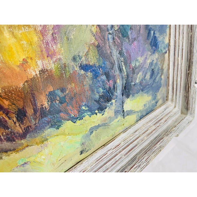 Vintage Impressionist Landscape Painting on Board With Trees, Framed, Mid-Century For Sale - Image 13 of 18