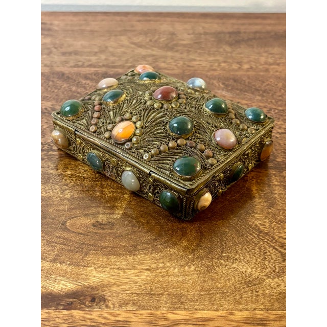 Stone Antique Tibetan Filigree Jewelry Box, Agate Stone Brass Trinket Box For Sale - Image 7 of 7