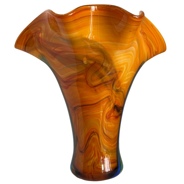 Murano Missoni Style Art Glass Orange Fazoletto Filligrana Vase For Sale - Image 11 of 12