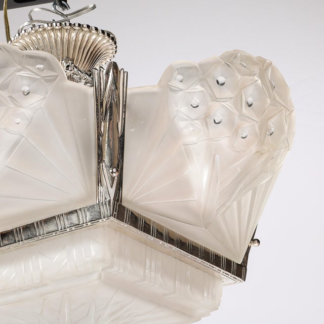 Art Deco Cubist Frosted Glass & Silvered Bronze Chandelier Signed Muller Freres For Sale - Image 11 of 18