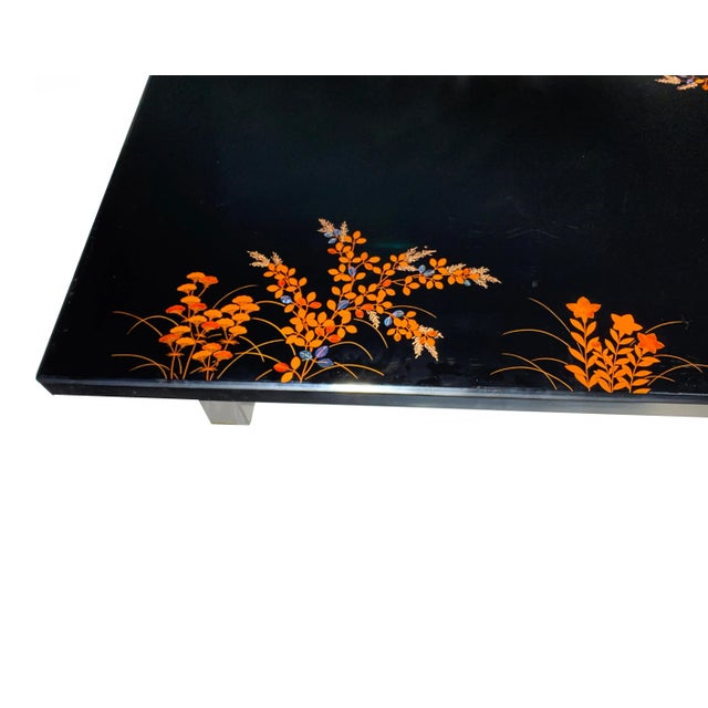 1920's-1930's Signed Large Low Profile Japanese Wakasa Lacquerware Hand Painted & Inlaid Coffee Table With Glass Top For Sale - Image 4 of 11