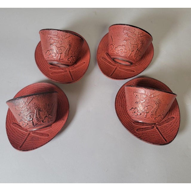 Late 20th Century Vintage Japanese Red Cast Iron Dragon & Dragonfly Tea Cups With Enameled Interiors & Saucers – Set of 8 For Sale - Image 5 of 7