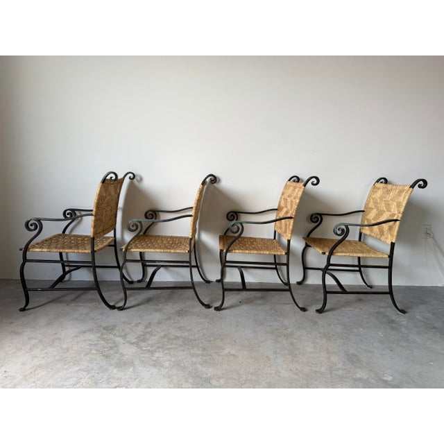 Organic Modern Hand-Wrought Iron & Woven Raffia Armchairs – Set of 4 For Sale - Image 11 of 13