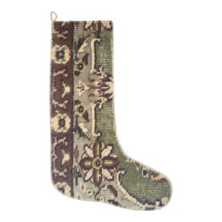 Ornate Vintage Kilim Christmas Stocking, Sage & Brown Floral Border, 11.8 X 17.7 in – One of a Kind Turkish Decor For Sale