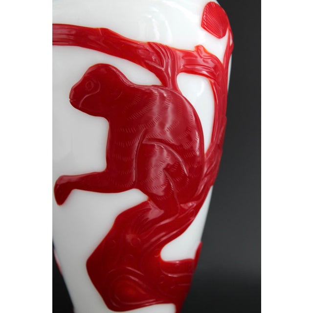 Antique Chinese Red & White Peking Glass Vase, Hand Carved Monkey, C1910 For Sale - Image 4 of 13