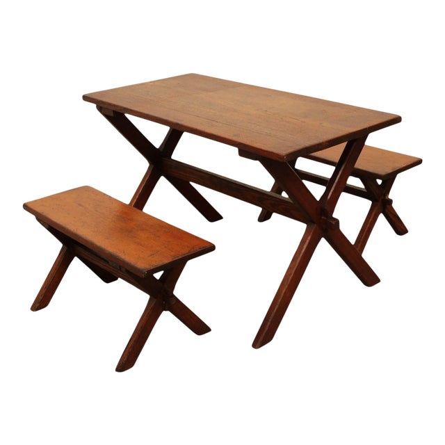Antique Youth Size Oak Sawbuck Dining Farm Table with Benches For Sale