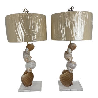 Natural Shell Lamps on Lucite Bases With Shades and Finials - a Pair For Sale