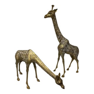1980s Hollywood Regency Large Brass Giraffe Sculptures - A Pair For Sale