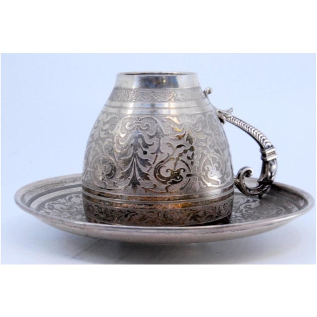 Cup and Saucer in Nickel Silver with Engraved Floral Motifs and Monogram Card, Set of 2 For Sale - Image 3 of 10