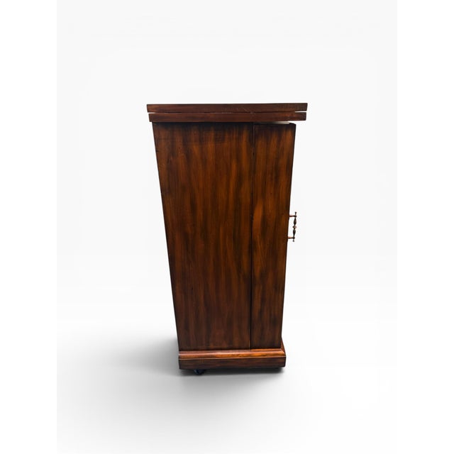 Early 21st Century Attributed Theodore Alexander Mahogany Rolling Bar Cabinet With Etched Brass Panels For Sale - Image 5 of 17