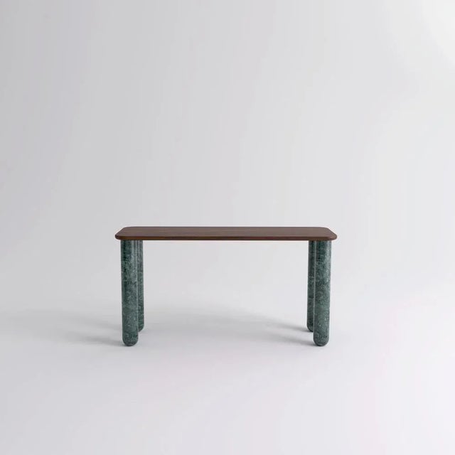 Small walnut and green marble "Sunday" dining table - Jean-Baptiste Souletie Dimensions: 150 W x 50 D x 74.5 H cm...