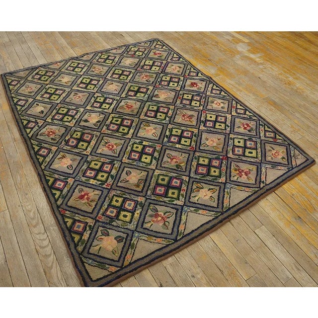 1920s Gray Geometric Folk Art Antique American Hooked Rug 4'2" X 5'6" Woven Wool Carpet For Sale - Image 12 of 12
